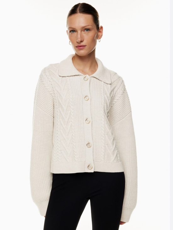 Babaton Sweaters - Babaton Neutral Cable Knit Button Cardigan in Light Beige
